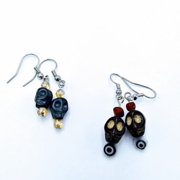 *SKULL EARRINGS* TWO PAIR*ONE PAIR HAS EVIL EYE BEAD*HAND CRAFTED* - Picture 4 of 4